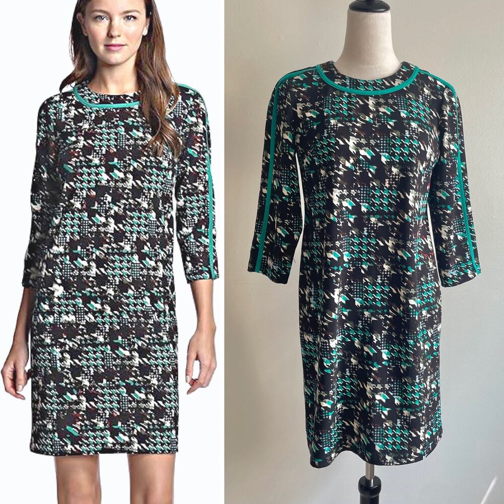 Gabby Skye Multi Colored Houndstooth Shift Dress 3/4
Sleeves Scoop Neck Sz 4